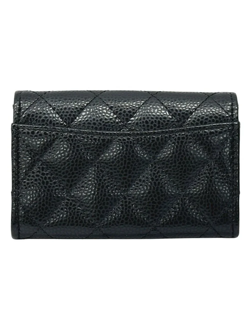 Chanel Card Case Quilted Caviar Leather Black Silver Business Holder Compact